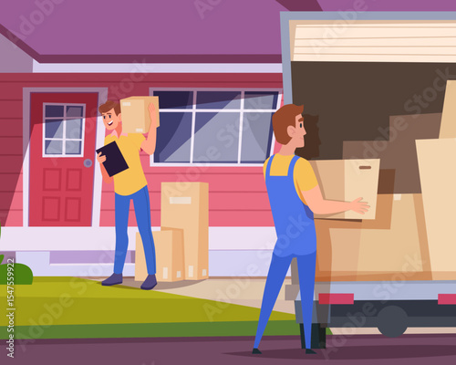 Relocation service. movers holding big cardboard packages