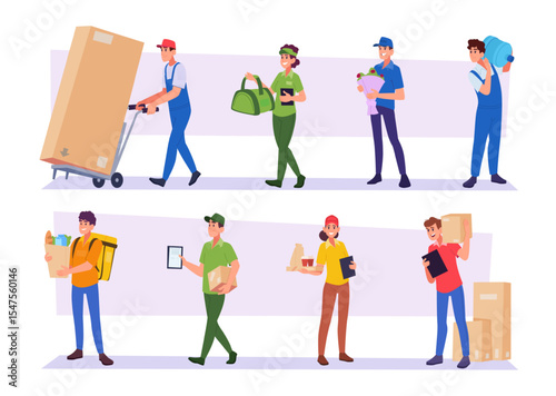 Delivery service. Couriers working delivering plastic water bottles flowers foods and products packages exact vector illustrations in cartoon style