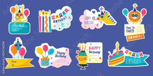 Birthday stickers. Badges with celebration colored funny elements recent vector designs template