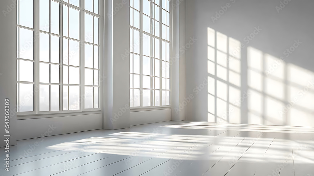 Empty white room with large windows and sunlight creates a bright and airy interior Empty white room with large windows and sunlight creates a bright and airy interior