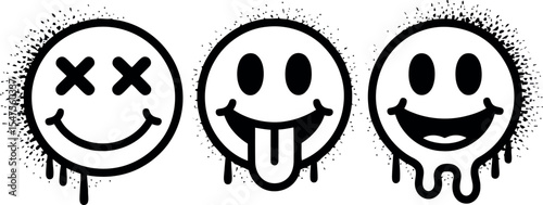 These are three smiley faces. They are drawn in a simple style. The faces have a spray paint effect.