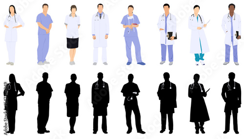 Hospital doctors and nurses. Doctor with stethoscope, nurse in scrubs and face mask. Medical student volunteer and intern character. Medical staff vector illustration. Profession physician in uniform