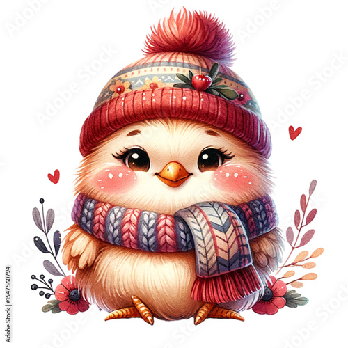 Cozy Chick: A charming and heartwarming illustration of a fluffy chick bundled up in a knit hat and scarf. This adorable avian companion embodies winter comfort and holiday cheer.