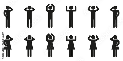 Silhouette People In Various Poses Icon Set. Human Figures Expressing Different Emotions And Gestures Solid Symbol Collection. Communication And Body Language. Isolated Vector Illustration