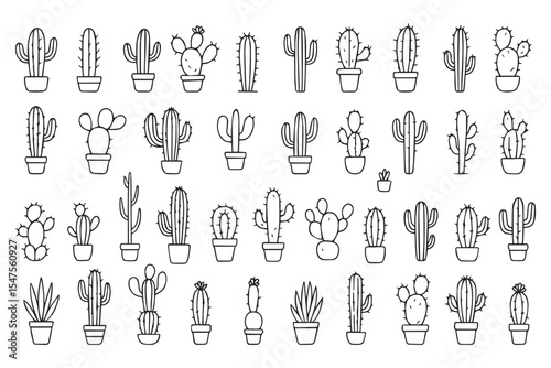 Set of hand drawn cacti. Exotic prickly plants in doodle style. Vector line art illustration. Vector 