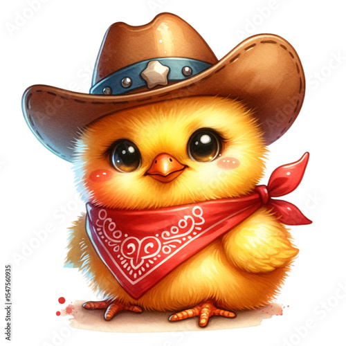 Cowboy Chick: A charming and adorable chick with a cowboy hat and bandana exudes a playful and heartwarming presence, capturing the essence of farmyard whimsy.