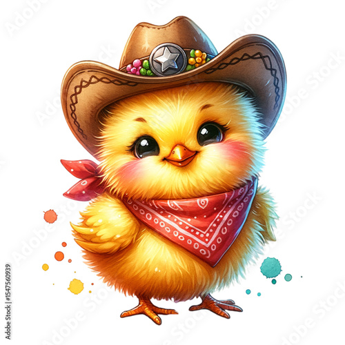 Cute Cowboy Chick: A charming chick, adorned in a cowboy hat and bandana, exudes cuteness and a playful personality. capturing the adorable spirit of the wild west.