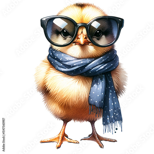 Charming Chick: A whimsical chick with stylish glasses and a patterned scarf exuding charm, cuteness and a sense of individuality, captured in an eye-catching portrait.