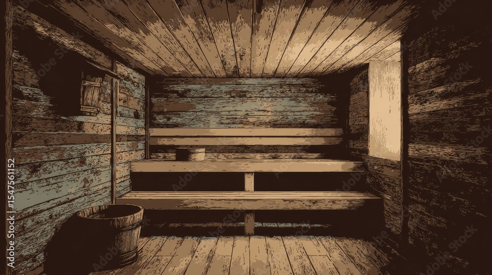 Obraz premium Interior of a Wooden Sauna with Benches and Bucket