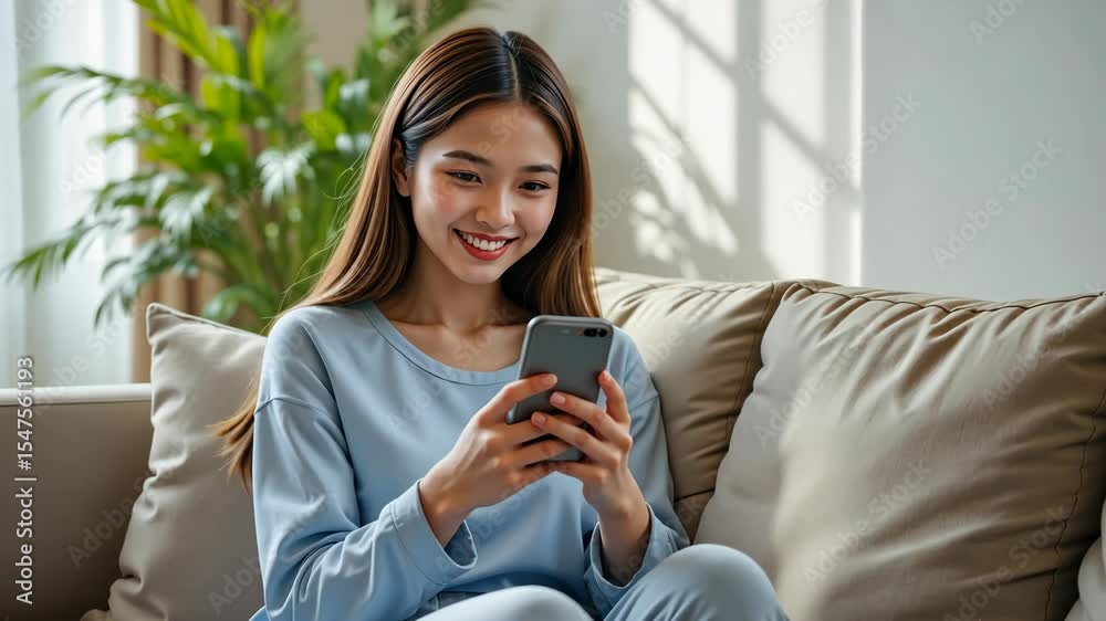 Young smiling asian woman in casual home clothes using smartphone on cozy beige sofa with blurred green plants in background. Concept of modern digital lifestyle Young smiling asian woman in casual home clothes using smartphone on cozy beige sofa with blurred green plants in background. Concept of modern digital lifestyle