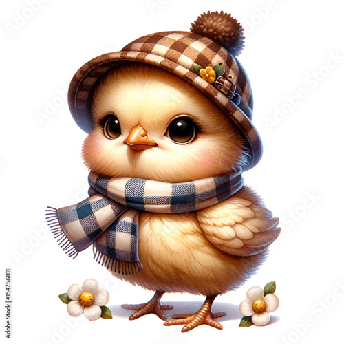 Charming chick in hat and scarf: A super-cute fluffy chick, elegantly attired in a hat and scarf, radiating warmth and joy with an innocent gaze and a touch of spring season.