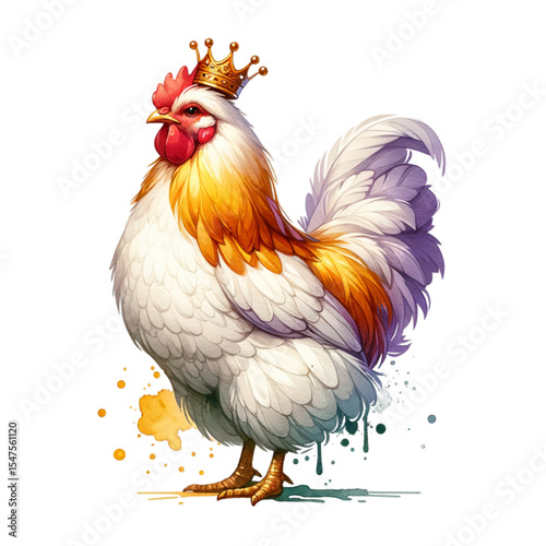 Majestic Rooster in Regal Attire: A regal rooster, adorned with a golden crown, stands proud, embodying power and distinction in a beautifully illustrated design.
