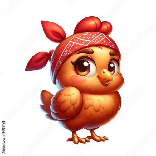 Cute Chicken in Bandana: A charming cartoon chicken wearing a red bandana stands poised, exuding cuteness. This adorable character radiates joy.