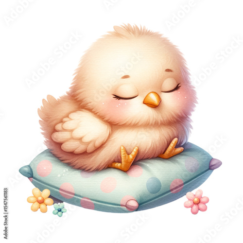 Sleepy Chick's Dreamland: A cuddly chick with fluffy feathers drifts into a peaceful slumber on a pastel pillow, surrounded by delicate floral accents, embodies serenity. 