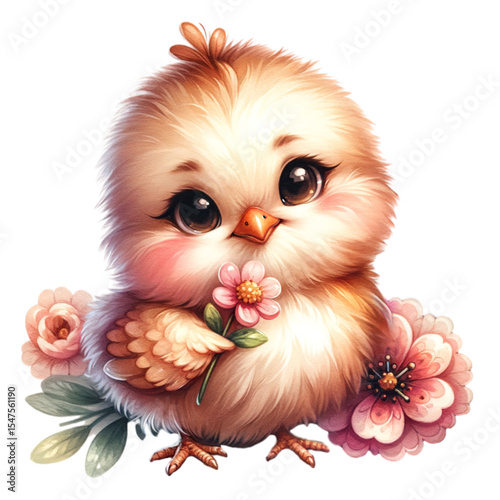 Adorable Chick and Delicate Blooms: A charming baby chick with large, expressive eyes, cradles a delicate bloom amidst a gentle embrace of other flowers, exuding innocence and springtime delight.