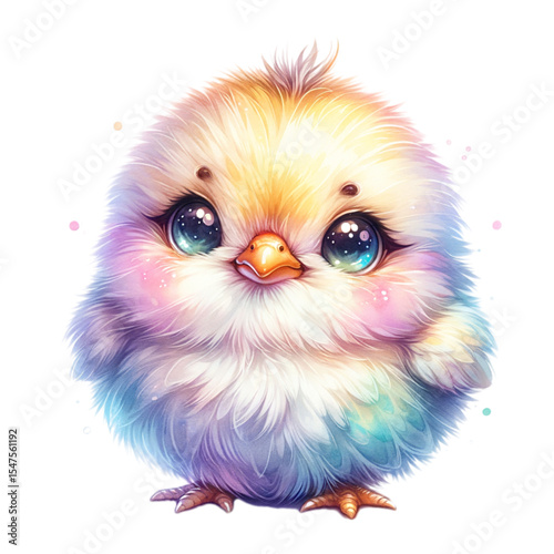 Colorful Chick: A cute, fluffy chick with big, sparkling eyes and colorful plumage, radiating joy and sweetness. 