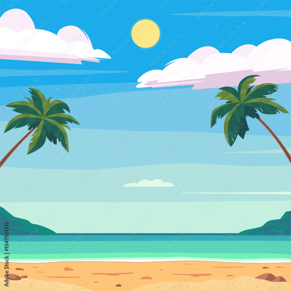 Obraz premium Tropical beach landscape. Sunny day with clear blue sky, clouds, and a bright sun. Palm trees frame the scene. Can be used as a background for summer, vacation, or travel themes. Vector illustration