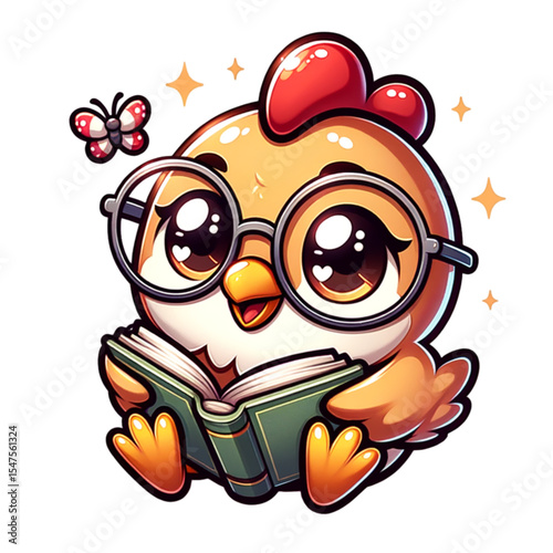 Wise Chick with Literary Delights: A charming cartoon chicken, adorned with spectacles, engrossed in a good book, embodying the joy of reading and learning in a whimsical, storybook style.