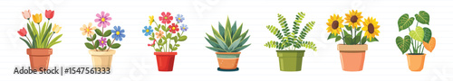 Colorful potted plants illustration element vector set