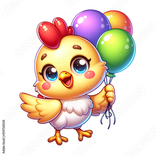 Joyful Chick and Balloons: A delightful and heartwarming scene featuring a cartoon chick holding colorful balloons, filled with happiness and celebrating joy.