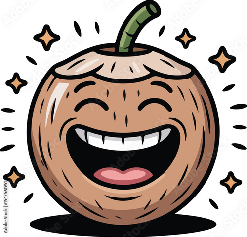 Coconut radiates joy with a big smile and twinkling stars. Transparent isolated