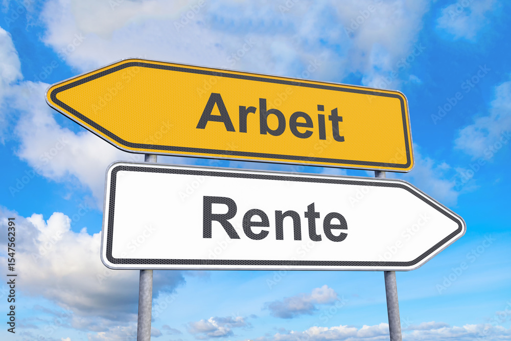 Fototapeta premium Wegweiser - Arbeit - Rente - Himmel - Wolken
