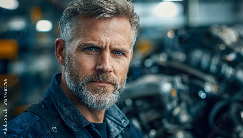Fototapeta premium Confident mature man in a garage surrounded by motorcycles