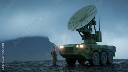 Military radar system on patrol with soldier