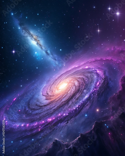 Abstract bright blue nebula in a spiral galaxy with stars and planets
