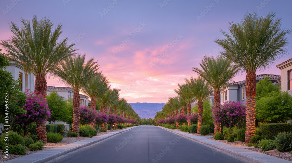 Fototapeta premium Palm tree lined street luxury residential area sunset sky mountain view vibrant flowers green bushes calm atmosphere