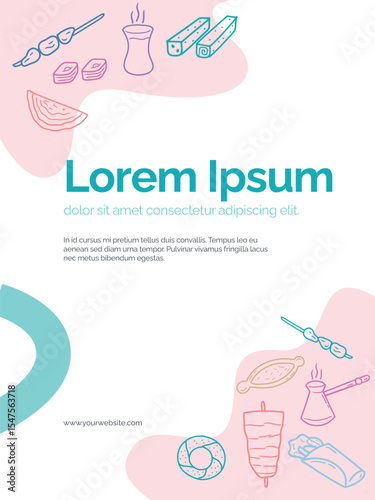 Background or pattern with Turkish Food theme. With doodle style. For layout, website, graphic design.