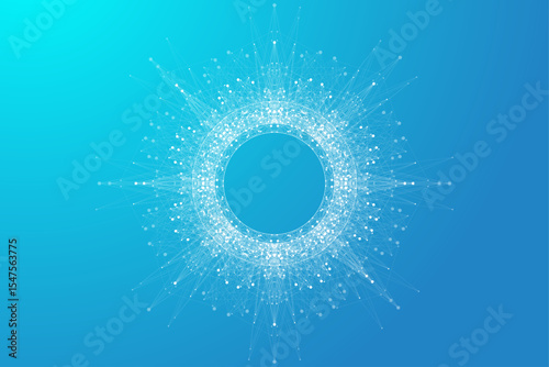 Scientific vector illustration quantum computer technology. Plexus fiction effect. Deep learning artificial intelligence. Big data algorithms visualization. Quantum explosion background.