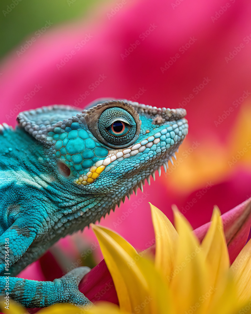 Obraz premium Green lizard and chameleon reptiles on a branch, close-up with detailed scales and dragon-like eyes in the wild