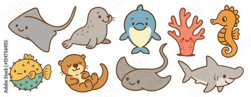 Cute sea animals illustration ray, seal, dolphin, coral, seahorse, pufferfish, otter, and shark vector set element, isolated on white.