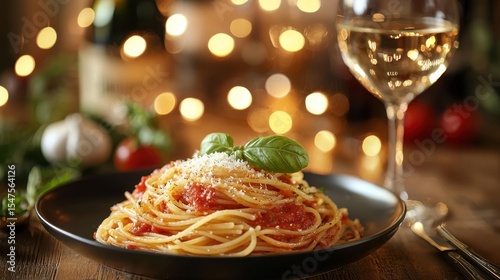 Plate of spaghetti with tomato sauce and basil, served with a glass of white wine on a wooden table at night photo