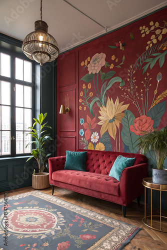 A luxurious modern living room interior design featuring a comfortable sofa and stylish furniture