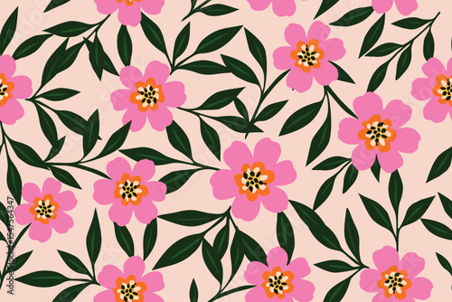 Charming floral pattern with pink flowers, orange centers, and dark green leaves on a soft blush background—perfect for spring, fabric, and feminine designs.