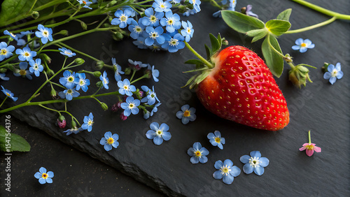 Fresh, ripe red strawberries and vibrant flowers arranged on a rustic wooden table create a delicious and healthy summer dessert