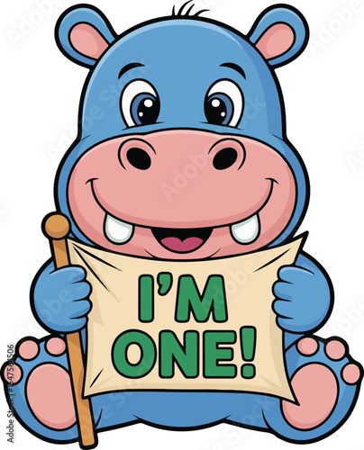 hippopotamus proudly displays a banner, announcing a joyous "I'M ONE!" celebration Transparent isolated