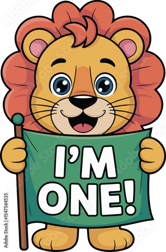 Lion joyfully holds a banner proclaiming "I'm One!" perfect for a child's first birthday celebration Transparent isolated