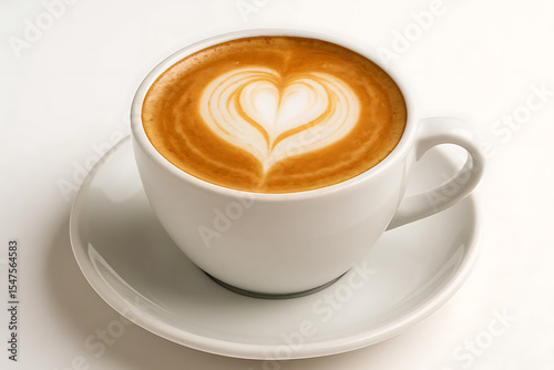 Hot latte with heart-shaped foam in white ceramic cup