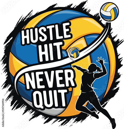 Motivational Volleyball Poster – Hustle Hit Never Quit