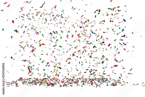 A vibrant explosion of multicolored, small. The shapes appear to be falling and accumulating at the bottom, creating a pile. The overall effect is one of chaotic energy and festive celebration