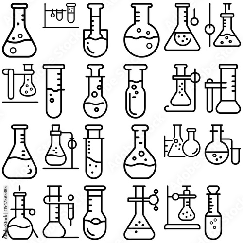 Collection of various laboratory glassware including flasks and test tubes in a black and white style