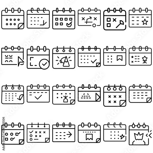 Collection of twenty four calendar icons with various symbols and designs in a linear style format