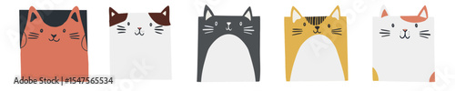 Cute illustrated square cats, element vector set