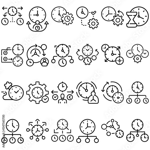 Collection of line art clock icons depicting time management and productivity concepts in various arrangements