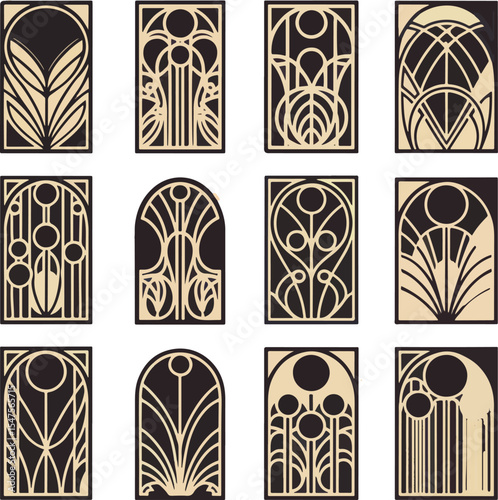Art deco decorative panels with geometric and floral designs on transparent background