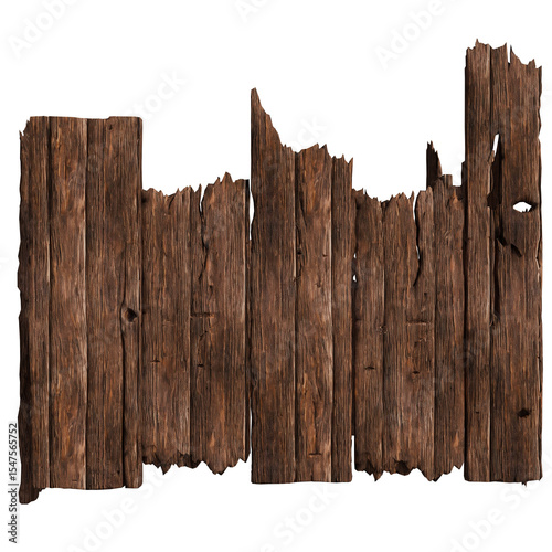dark brown wooden fence section, showing significant decay and damage along its top and bottom edges.  Vertical planks exhibit cracks, splintering, and uneven surfaces.