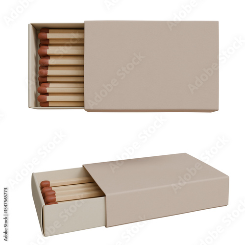 Two views of a closed and open matchbox, showcasing light beige cardboard exterior and numerous wooden matches with reddish-brown tips.  The top view shows the matches neatly arranged within.